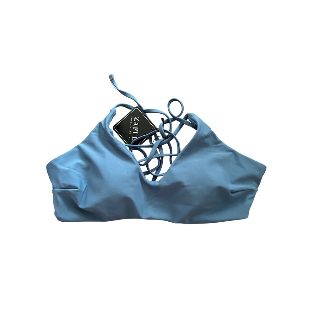 Zaful Light Blue Lace Up Back Bikini Top V Neck Strappy Swimwear Size S US 4